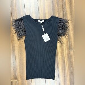NWT Sioni Milano Black Ribbed Knit Top w/Feather Short Sleeve size L